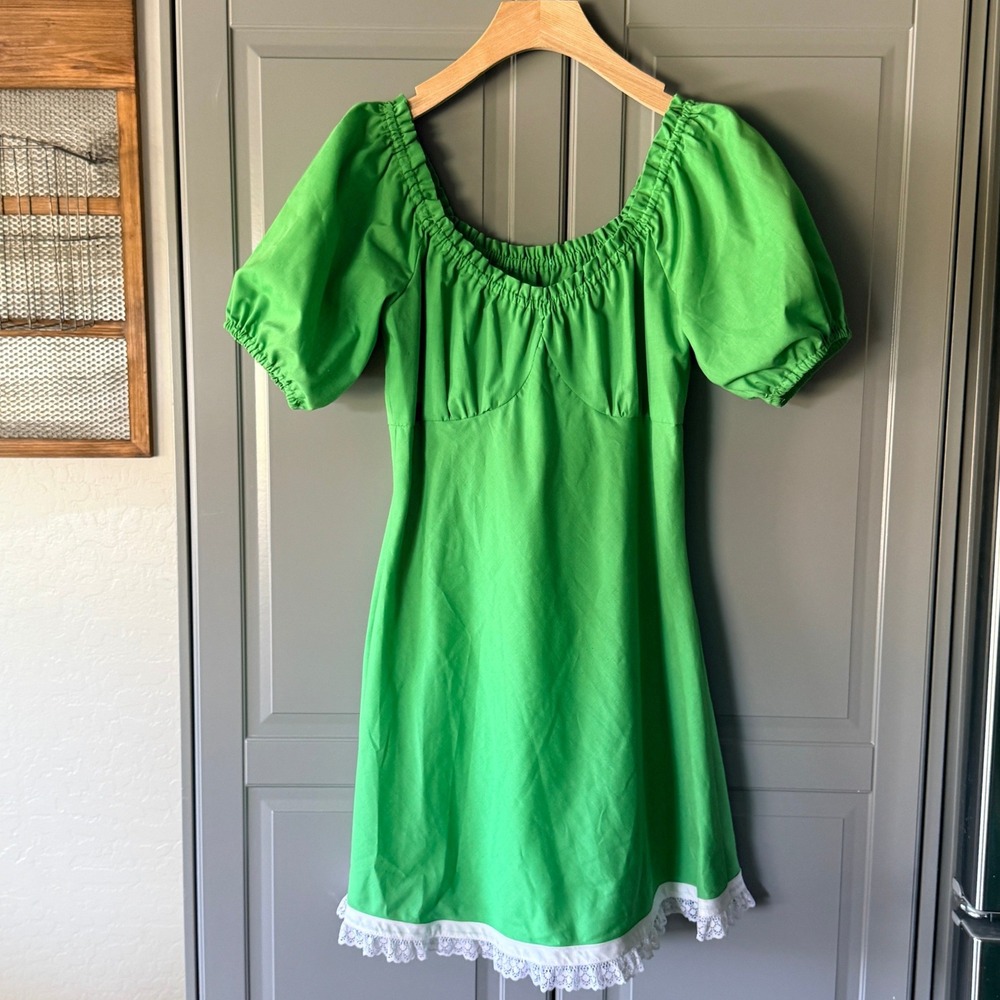 Vintage Women's Milkmaid Peasant Puff Sleeve Lace Trim Mini Dress, Green,S